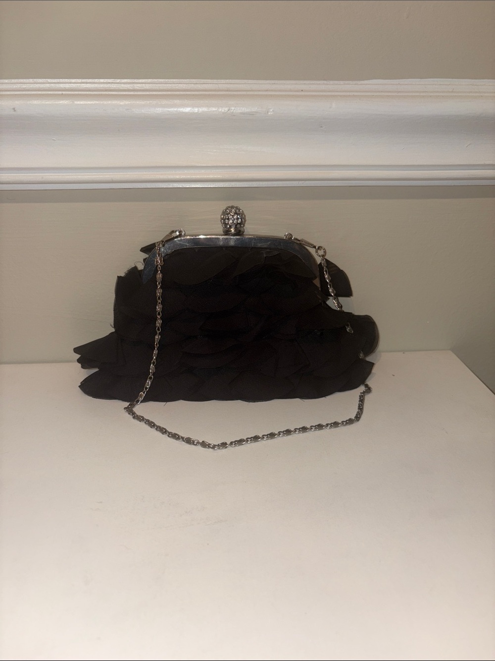 Cache’ Black Ruffle Evening Clutch with Chain Strap